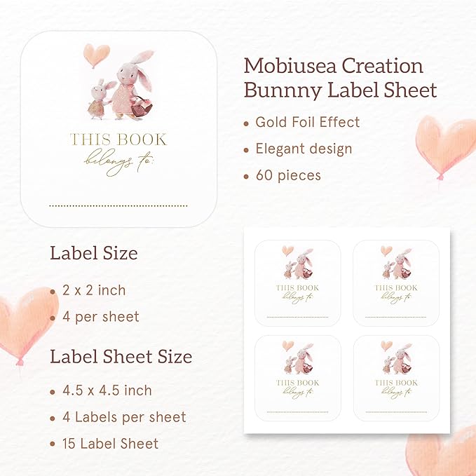 Mobiusea Creation Bunny Design This Book Belongs to Stickers | Bookplates Labels | 2 x 2 Inch | Gold Foil | 60pcs Stickers for Name Plates for Books and Bookplate Labels