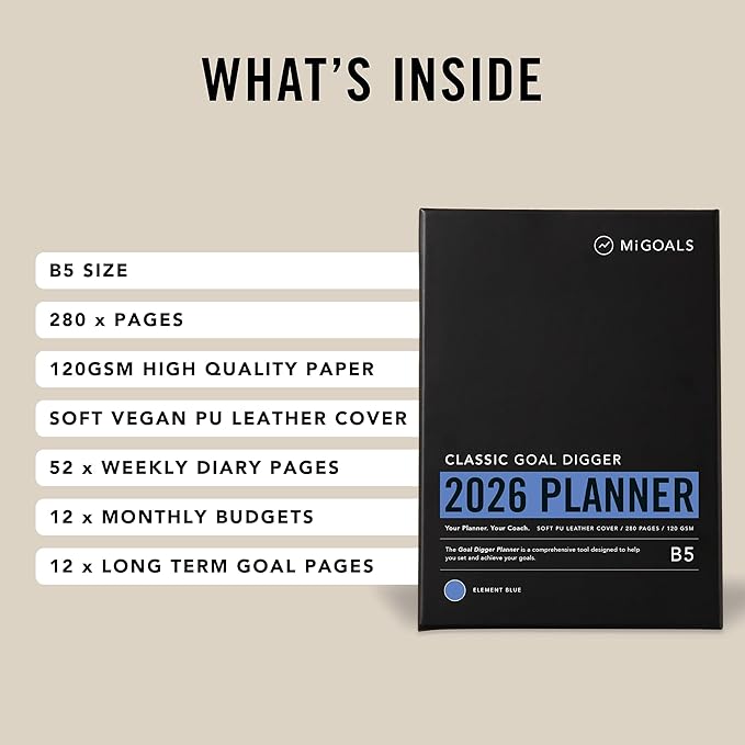 MI GOALS Goal Digger Weekly Planner 2026 | Dated Journal for Gratitude, Progress & Habit Tracking | Weekly Spread Layout, B5 (Element Blue)