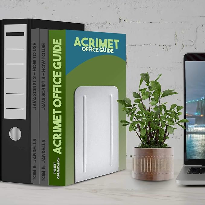 Acrimet Bookends for Shelves, Non-Skid Book Holder, Heavy Duty Book Stopper, Steel Metal Book Ends Storage for Home, Library, 6 7/8" H x 4" W x 4 1/2" D (White) (1 Pair / 2 Pieces)
