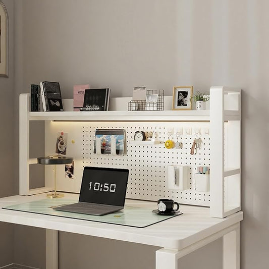 Desk Shelf Organizer for Top of Desk – Desktop Bookshelf with Pegboard & Storage Accessories, Adjustable Hutch for Dorm or Office, Steel Frame Display Shelf, N White frame + white board 53.1*9.8*26in