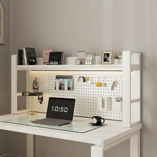 Desk Shelf Organizer for Top of Desk – Desktop Bookshelf with Pegboard & Storage Accessories, Adjustable Hutch for Dorm or Office, Steel Frame Display Shelf, N White frame + white board 21.7*9.8*26in