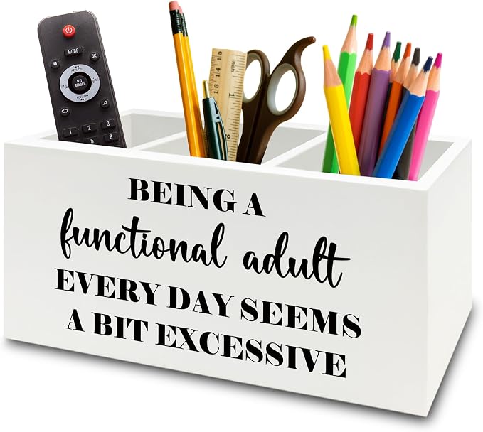 Funny Pen Pencil Holder Organizer for Desk, Sarcastic Gifts for Women Men Coworkers, Adult Humor Gifts, Being a Functional Adult Funny Wooden Box Sign for Home Office Desk Tabletop Decorations