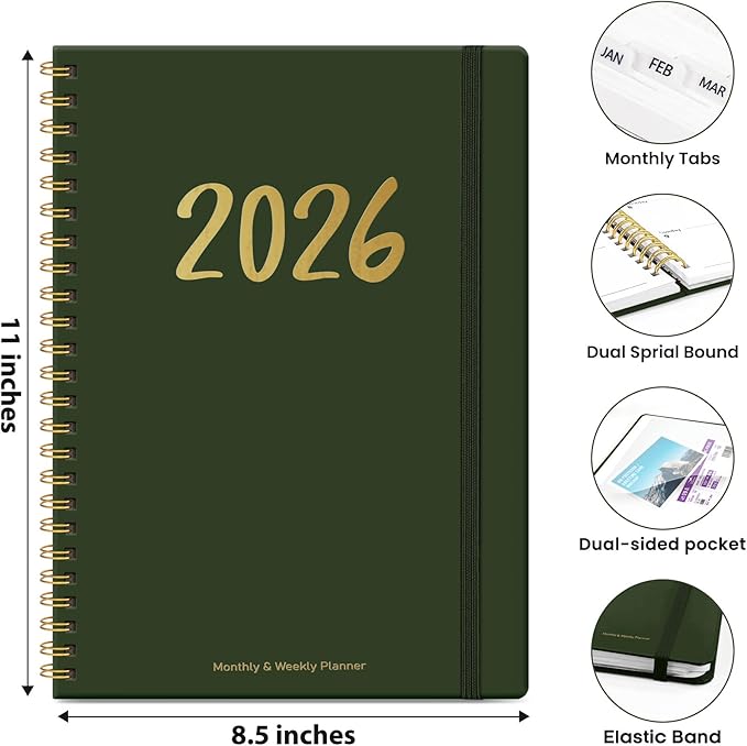 2026 Planner - Weekly and Monthly Planner, January 2026 to December 2026, Spiral Bound 2026 Calendar Planner Book, Inner Pocket, Perfect for Office Home School Supplies - A4 (8.5" x 11"), Dark Green