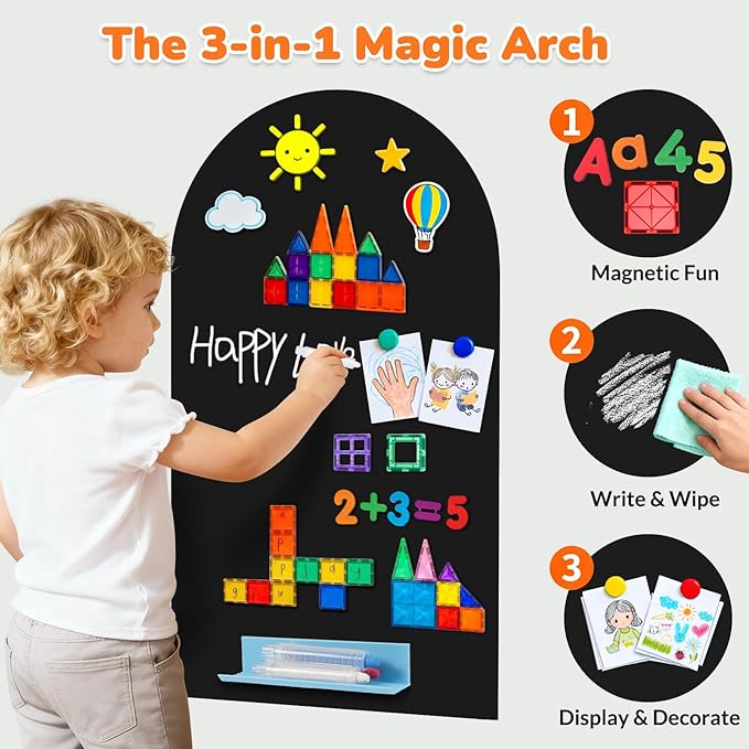 Magnetic Arch Wall Decal: Small 15.7" x 31.5" Vinyl Peel and Stick Chalkboard for Kids Playroom Classroom Home Use - Educational Learning Tool for Toddlers 1-3 & Children 4-7 (Black)