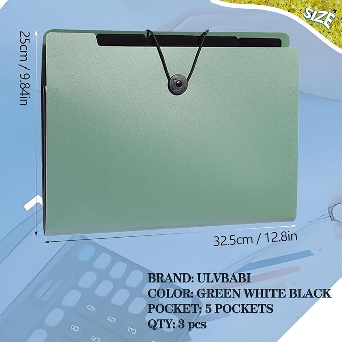 A4 Expanding File Folder, 3 Pack File Organiser, 5 Pockets Document Organiser, Portable Filing Folders for Paperwork for Home Office School (3 Color, A4, 5)