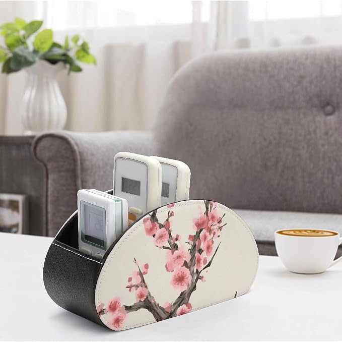 Cherry Blossom Tree Branch Remote Control Holder TV Remote Caddy with 5 Compartments PU Leather Storage Box Stylish Desk Organizer for TV/DVD/Accessories Desk Office Supplies Home