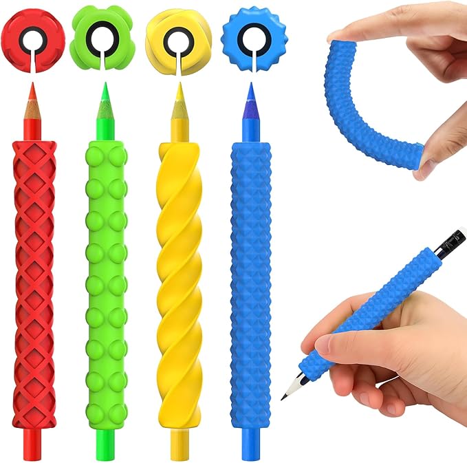 BUSOHA 4 Pack Textured Silicone Pencil Grips - Textured Sensory Fidget Squishy Pencil Grips for Handwriting ADHD Tools Gift for Anxiety Relief Items Stocking Stuffers
