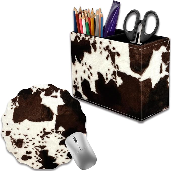 Pen Holder for Desk, PU Leather Multifunctional Desktop Storage Box and Anti-Slip Mouse Pad Set, Makeup Brush Holder Pen Organizer for Office and Home - Cow Hide Print