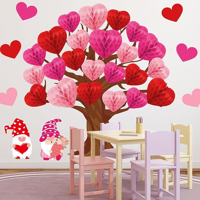 JarThenaAMCS 50Pcs Valentine's Day Bulletin Board Set Classroom Decoration 3 Colors Heart Honeycomb Tree Love Gnome Paper Cutouts with Glue Points for School Wall Door Wedding Anniversary Supplies