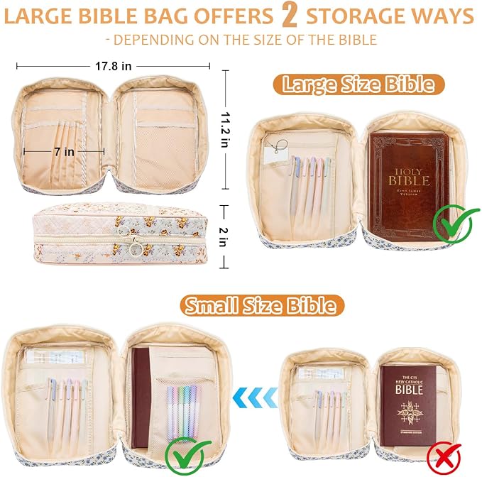 Bible Cover Case For Women,Large Bible Bag with Study Supplies,Quilted Bible Carrying Case for Girls,Portable Bible Case with Highlighter, Pens,Tabs,Bible Study Gifts for Women