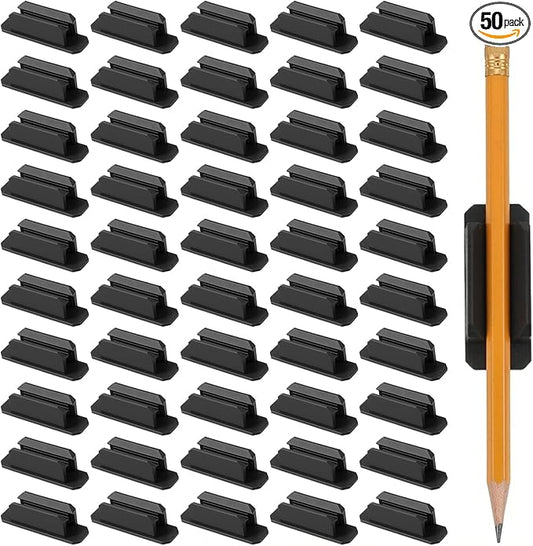 50 Pack Adhesive Pencil Holders for Desk, Silicone Flexible Adhesive Pen Holder for Desk Wall Clipboard, Reusable Marker Organizer for Classroom School Office Accessories Teacher Supplies, Black