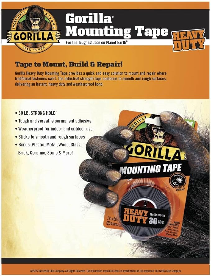 Gorilla Heavy Duty Double Sided Mounting Tape, 1" x 60", Black, (Pack of 6)