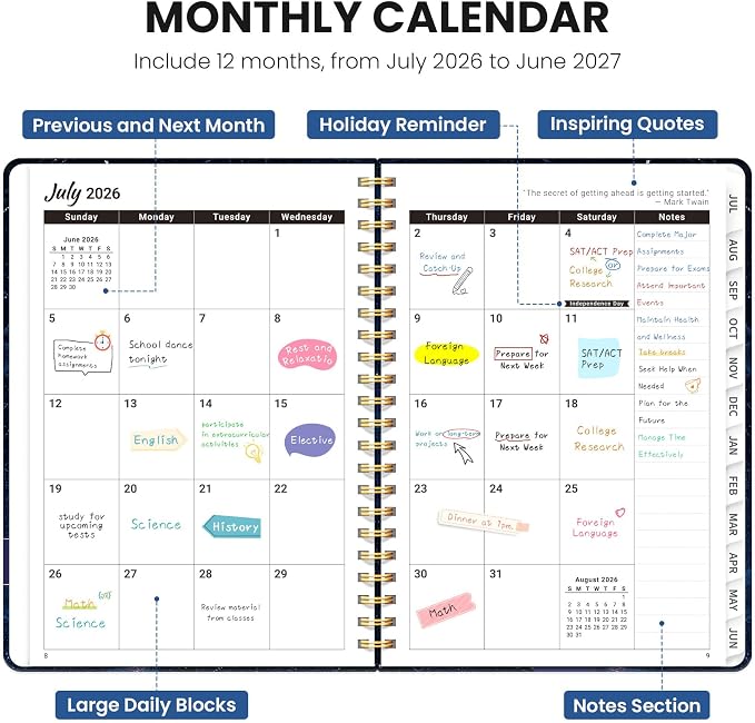 Planner 2026-2027, Hardcover Monthly and Weekly Academic Planner July 2026 - June 2027, Teacher and Student Calendar Agenda Book with Tabs, A5 (6.3" x 8.5"), Ideal for School and Office, Galactic Spiral