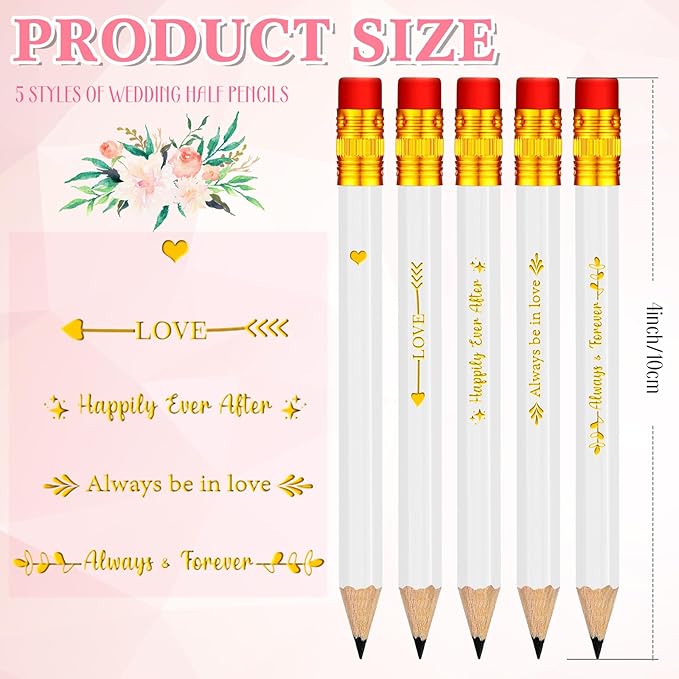 Crtiin 50 Pcs Bridal Shower Pencils Half Golf Wedding Pencils with Eraser 4 Inch Short Pocket Pre Sharpened for Wedding Game Bridal Shower Presents Classroom School(White)