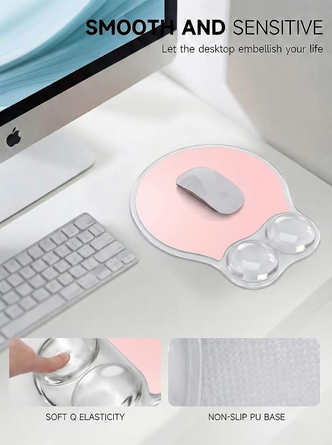 Ergonomic Gel Mouse Pad Wrist Rest Support for Desk, PU Base, Smooth Surface, Crystal Gel Cushion, Non-Slip Stability, Mousepad for Office/Home/Study Pink AMP-02