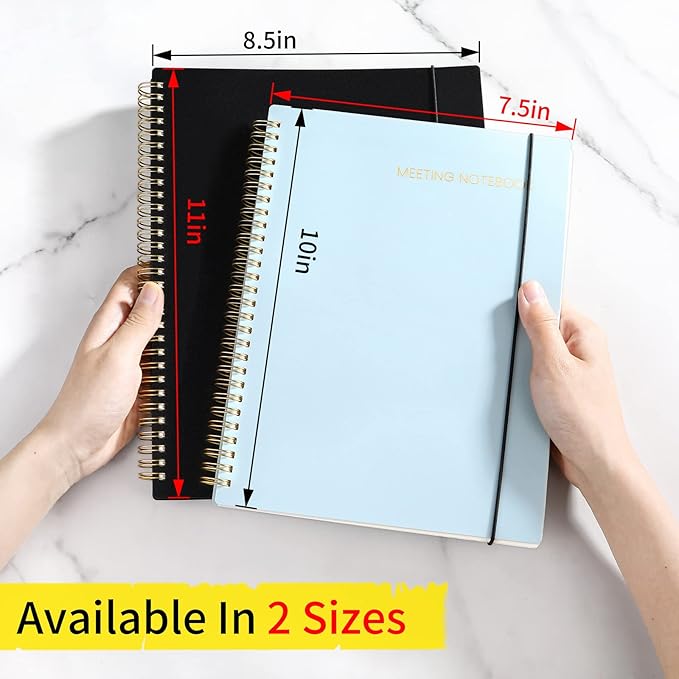 SUNEE Meeting Notebook for Work with Sticky Tabs - 160 Pages, A4 Size Project Planner, Spiral Meeting Agenda/Minutes Notebook Organizer for Women Men, Note Taking, Office & Business, 8.5"x11", Black