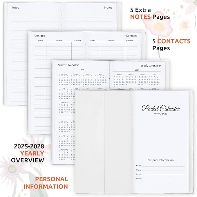 Pocket Calendar 2025-2027, Monthly Purse Planner - 6.7" x 3.7" - Covers from September 2025 to December 2027, Pocket Calendar with PVC Cover for Planning, Organizing and Office - Floral Design