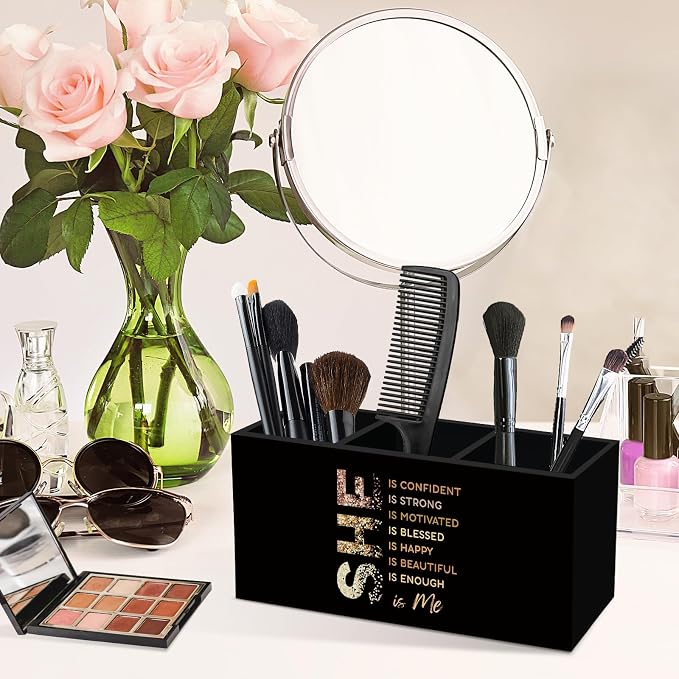 Black Gold Affirmations Pen Pencil Holder for Desk, Inspirational Self Care Office Desk Accessories, Self Love Positive Holders Organizer for Women Girls, She Is Me