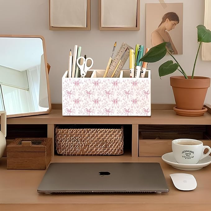 Coquette Pink Bow Floral Pen Pencil Holder for Desk, Girly Office Decor, Preppy Pink Bow Flower Aesthetic Wooden Box Sign Decorations for Girly Room Bedroom Dorm Office Desk Tabletop