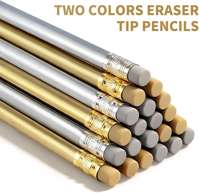 M&G Gleam Series 24 Pack HB Triangular Wood-Cased Pencils, Unsharpened with Matching Erasers, Smooth Writing Break-Resistant Core, Gold and Silver Solid Barrels for School Office Classroom Supplies