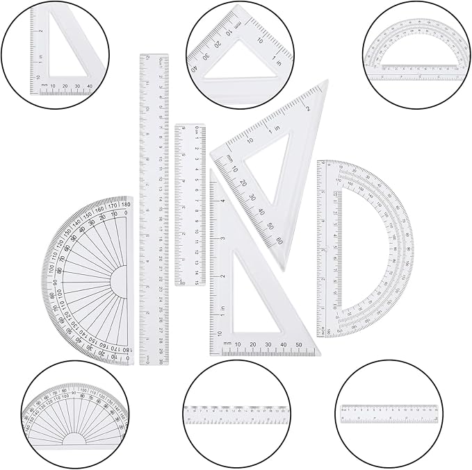 6 pcs Clear Ruler Protractor Rule Set, Includes 12 Inch 6 Inch Straight Ruler for Drawing, Triangle Rulers and Protractor Set, Math Geometry Tool, for School Office Home Supplies Measuring Tool