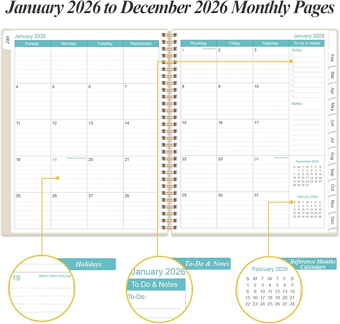 Planner 2026 For Women & Men - Monthly and Weekly Calendar Planner from January 2026 - December 2026, Student Planning with 12 Tabs for Office School Supplies, Inner Pocket, 8.5" x 11", Beige