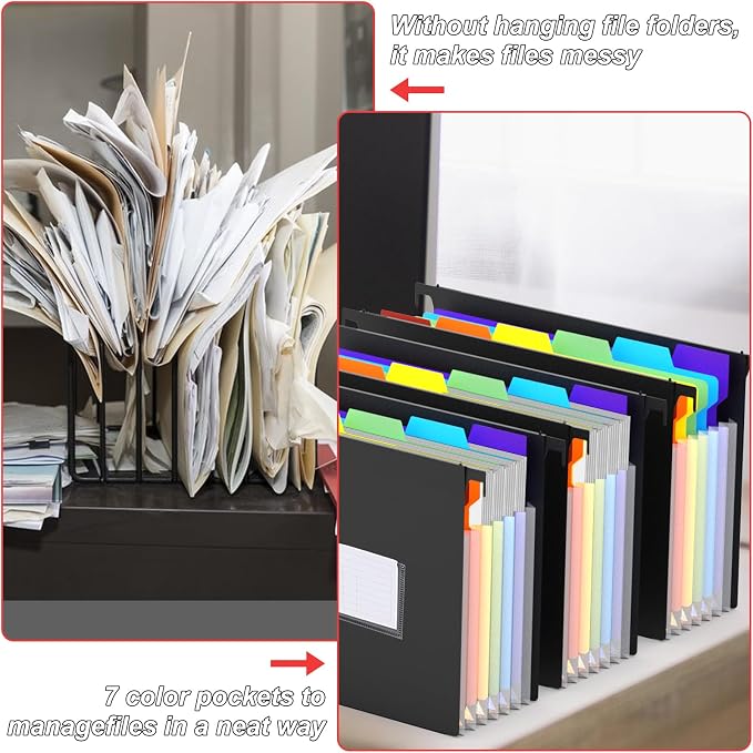 Expanding Hanging File Folders, File Folders for Filing Cabinet, 7 Expandable Accordian Pockets, Hanging File Folders Letter Size for Filing Cabinet, Larger Capacity Hanging Folders, 6 Packs
