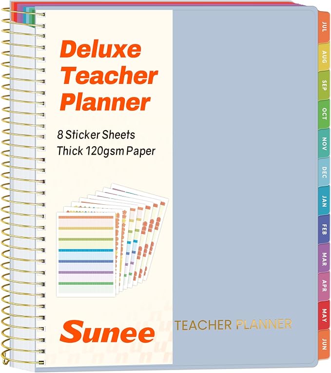 SUNEE Deluxe Teacher Planner 2026-2027, Lesson Planner Book with 7 Periods Jul 2026 - Jun 2027, 8.5" x 11" Daily Weekly and Monthly Organizers with Colorful Tabs, Planning Stickers,120gms Paper, Blue