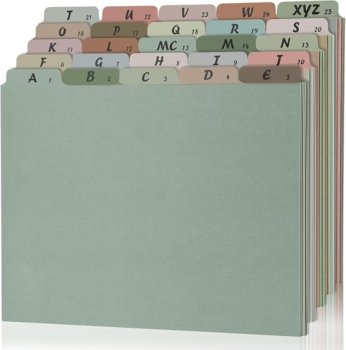 1 Set 25 Alphabet File Dividers A-Z Top Tab File Guides Letter Size 1/5 Cut Tab Manila Alphabetical File Organizer File Cabinet Dividers for Work Office Home School and Desk Organizer(Morandi)
