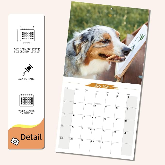 2025-2026 Wall Calendar Australian Shepherd Planner Calendar, Hangable Monthly Wall Calendar with Large Blocks for Organizing & Planning, Academic Schedule, Home, Office & family, Thick & Sturdy Paper (12"x24" Open)