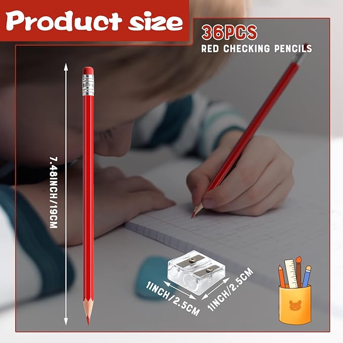 36 PCS Red Pencils with Eraser, Pre-Sharpened HB Pencils for Writing & Drawing, School Supplies for Kids Homework, Tests, Art Crafts & Teacher Grading (Red)