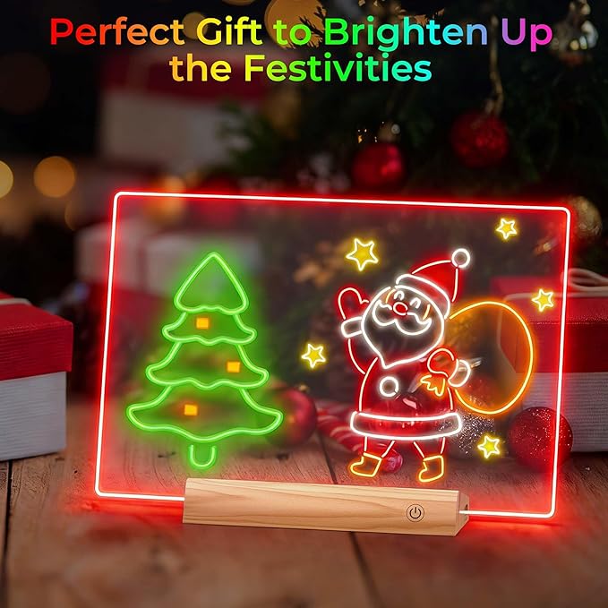 Rechargeable 11.8”×7.9” Glow Doodle LED Note Board with Colors,2 Modes&7 Colors with Remote Control,LED Drawing Board for Office/Café/Home Decor&Message,Birthday/Holiday Gifts,Wood Grain