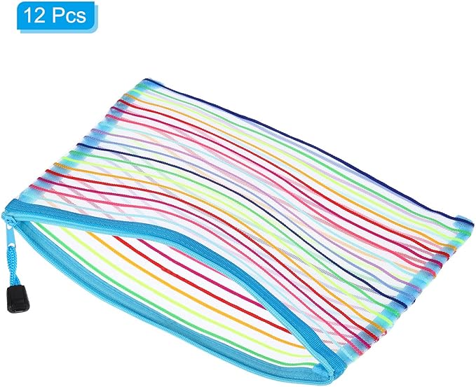 PATIKIL Mesh Zipper Pouch, 12 Pack Nylon A5 Size Pen Pencil Case Document Toiletry Cosmetic Makeup Zipper Travel Pouch Organizer for Office, Sky Blue