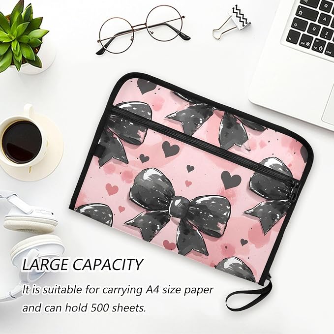 Expanding File Folder Black Bow Heart Pink Accordion File Organizer 13 Pockets Document Organizer with Zipper Labels A4 Letter Office Storage