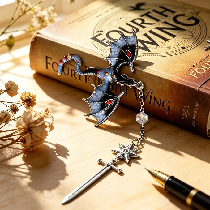 Vintage Fourth Wing Bookmark, Sword Bookmarks with Gray Dragon Chain Pendant-Fantasy, Cool Book Mark for Reading Women, Men, Book Lovers, Girls, Teens and Students