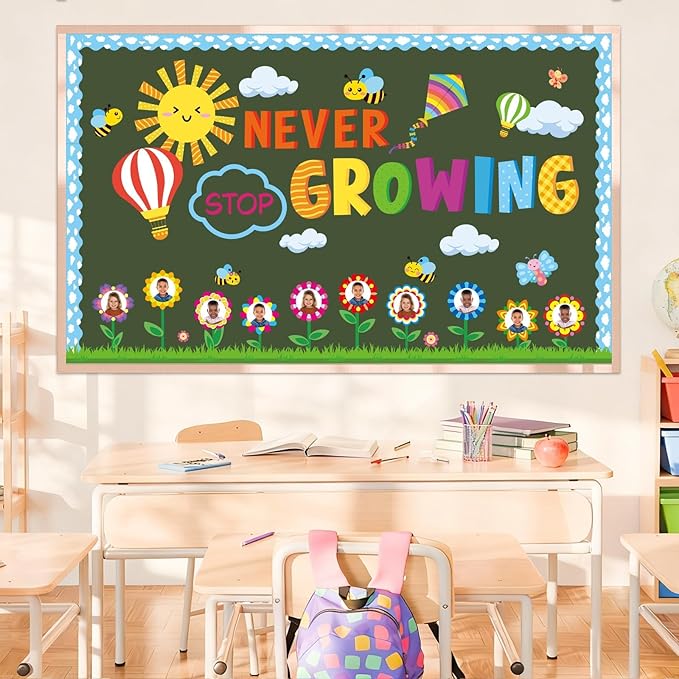 Spring Bulletin Board Set Flower Growth Mindset Classroom Decorations Butterfly Bees Paper Cutouts Sky Grassland Bulletin Board Border for Chalkboard Kindergarten Decor Back to School Party Supplies
