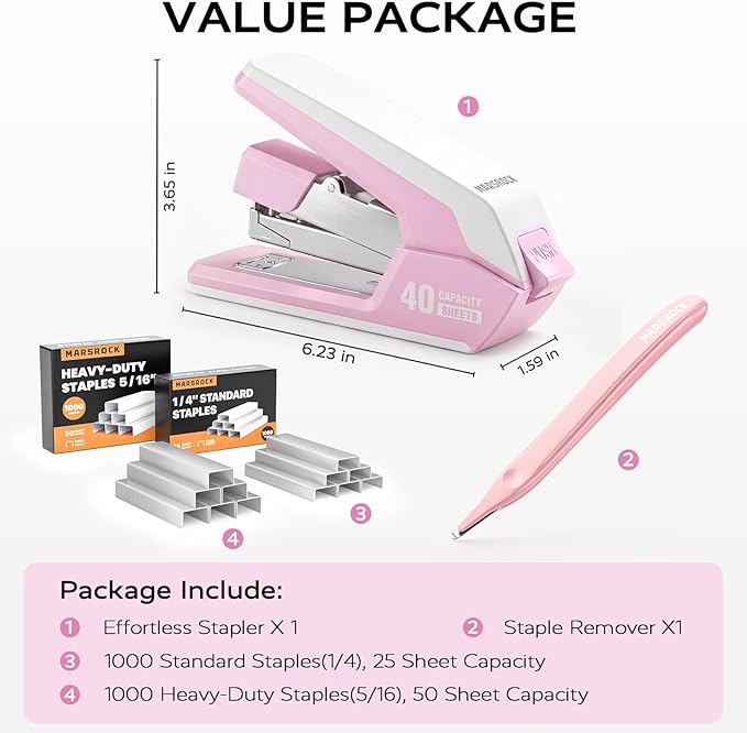 Effortless Stapler for Desk with 40-50 Sheet Capacity, 2000 Staples, 1-Touch Stapling, Ergonomic & Easy to Load Desktop Staplers, Heavy Duty Stapler, and Magnetic Staple Remover, Pink