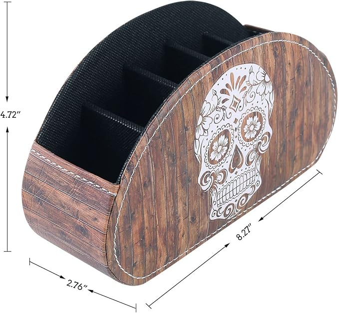 Remote Holder for Table, PU Leather TV Controller Holder with 5 Compartments, Remote Control Holder for Office Supplies, Wooden Look Sugar Skull Halloween Decor PH61