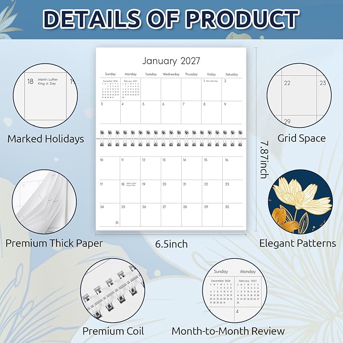 Pocket Calendar 2026-2027, Small Pocket Planner 2026 for Purse - 3.5’’×6.5’’ - From January 2026 to December 2027, Daily Monthly Agenda with Coil for Planning - Golden Flower