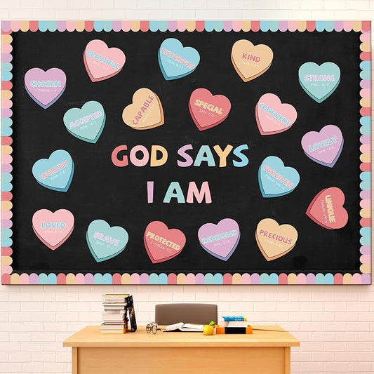 Kosiz 64 Pcs Valentine's Day Christian Hearts Bulletin Board Decoration Religious Candy Heart Cutouts for Church Sunday School Classroom Chalkboard Wall Decor