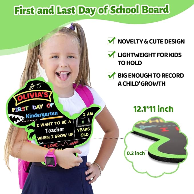 First and Last Day of School Board Reusable, Back to School Chalkboard Sign, Double Sided Preschool Kindergarten Signs for Kids Girls Boys (Cute Dinosaur)