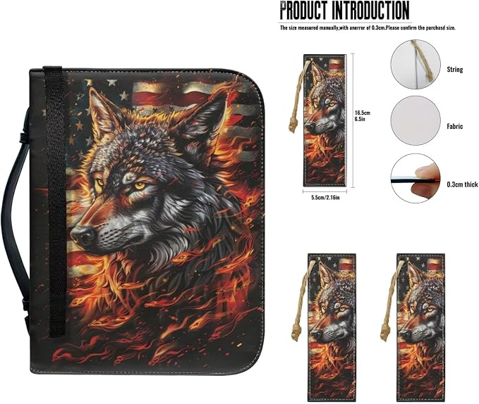 Lotusorchid American Flag Wolf Leather Bible Cover for Women, Large Bible Carrying Case with 2 Book Marks, Waterproof Bible Cover for Women, Red and Black, Size 2XL