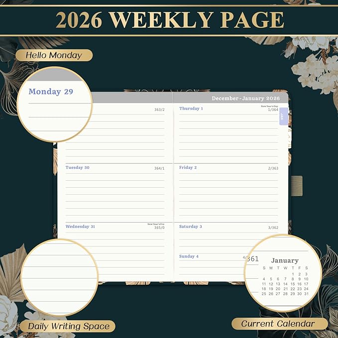 2026 Planner - 2026 Pocket Planner, Jan. 2026 - Dec. 2026, 6.2''×3.9''(A6 Size), 12 Months 2026 Small Calendar Planner, Hardcover, Pen holder, 2 Book Marks, Inner Pocket