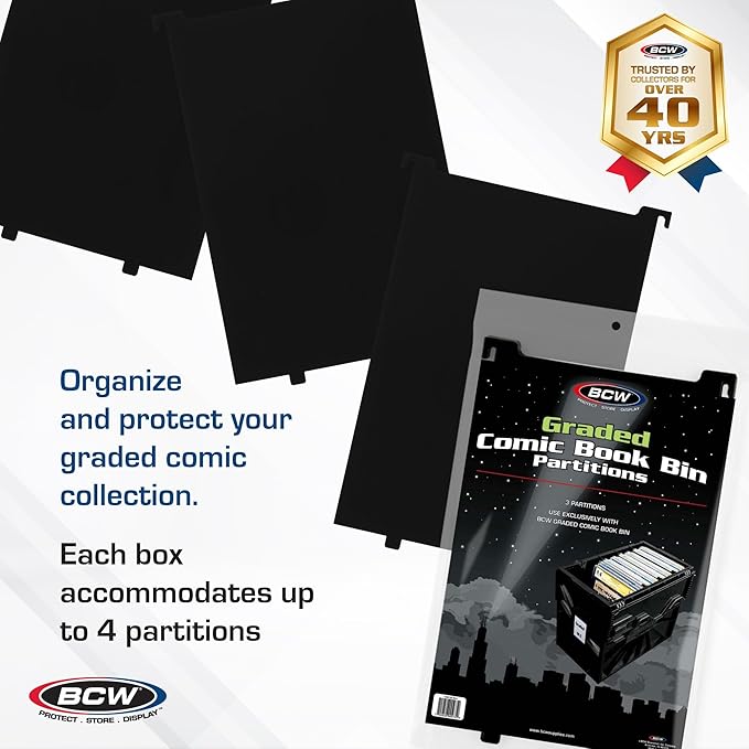 BCW Graded Comic Bin Partitions - Black, 3 Pack | Exclusive Organizer Graded Comic Book Bins only (not for Standard Bins) | Notched and Tabbed, Dividers | Smooth Plastic for Easy Labeling