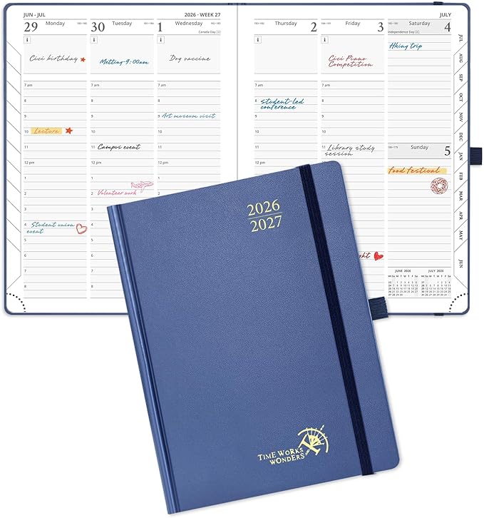 POPRUN 2026-2027 Academic Planner, 6.5" x 8.75", Weekly and Monthly Calendar, July 2026 to June 2027, Hardcover Appointment Book with Verital Layout, Hourly Time Slots, Monthly Tabs - Navy Blue