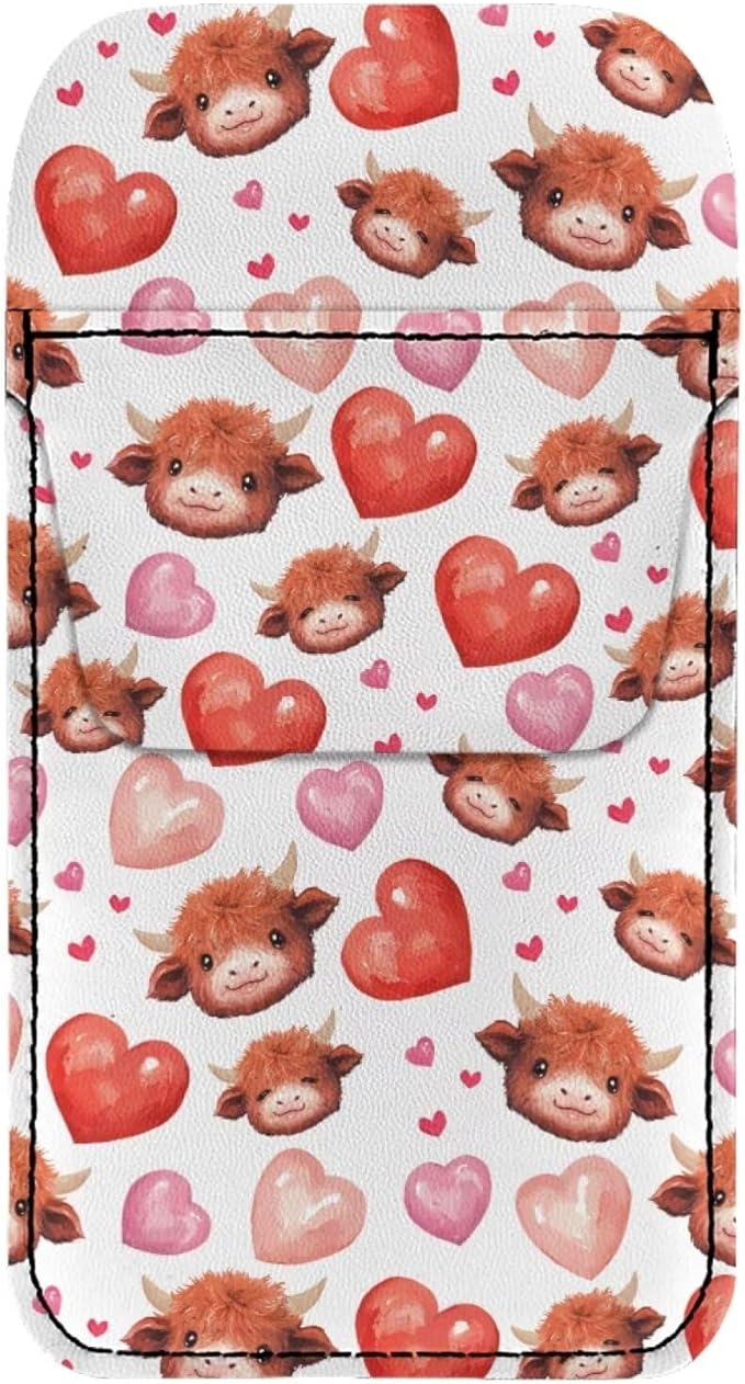 chaqlin Pocket Protector, Cute Highland Cow Pink Hearts Print Leather Pen Pouch Holder Organizer for Shirts Lab Coats, Portable Pocket Organizer