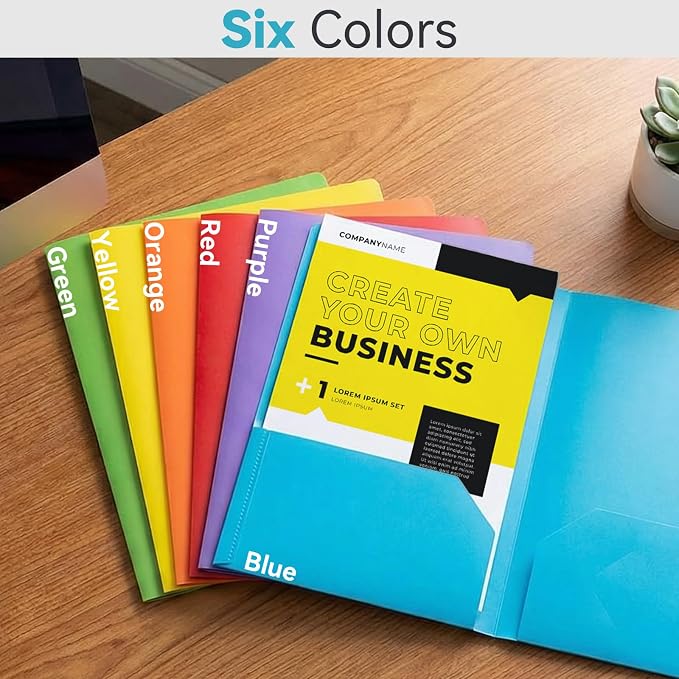 Plastic Pocket Folders with Pockets, Heavy-Duty 6-Color Two-Pocket Folder for Letter Size Documents, Business Card Slot, for Office, School, Organizing Files