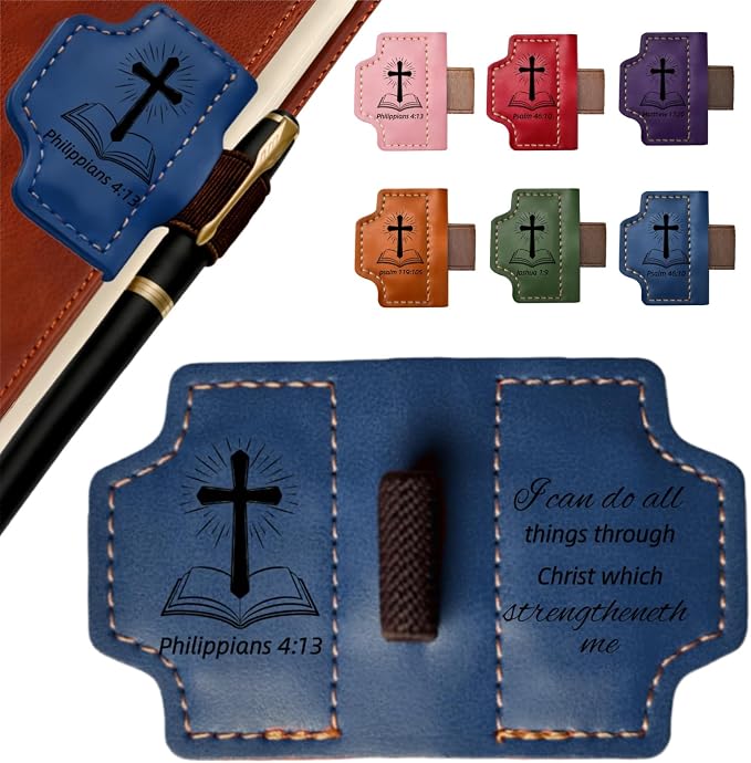 MOTEERLLU Bygone Mark Personalized Magnetic Leather Bookmark Pen Holder, Christian Gifts, Inspirational Bible Book Marks for Reading Women, Men, Teachers, Book Lover(Blue Philippians 4:13)