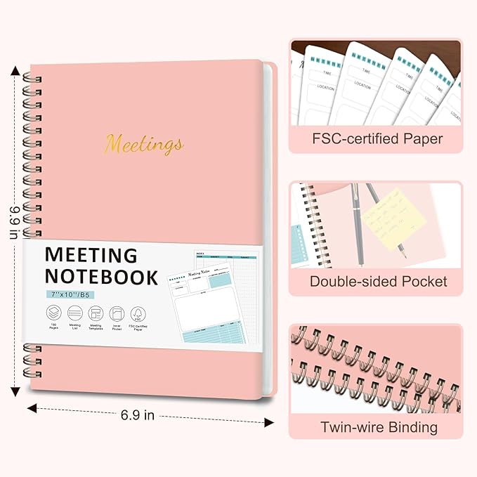 Meeting Notebook for Work Organization, Work Planner Notebook with Action Items, Project Agenda Planner for Note Taking, 160 Pages (6.9" X 9.9"), Perfect Office School Business Supplies for Women & Men (Pink)