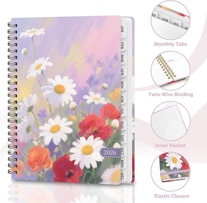 2026 Planner, Weekly and Monthly Calendar Planner, Academic Daily Agenda (Jan 2026 - Dec 2026), Hardcover Planning Notebook for Office Accessories and School Supplies, Daisy Blooms